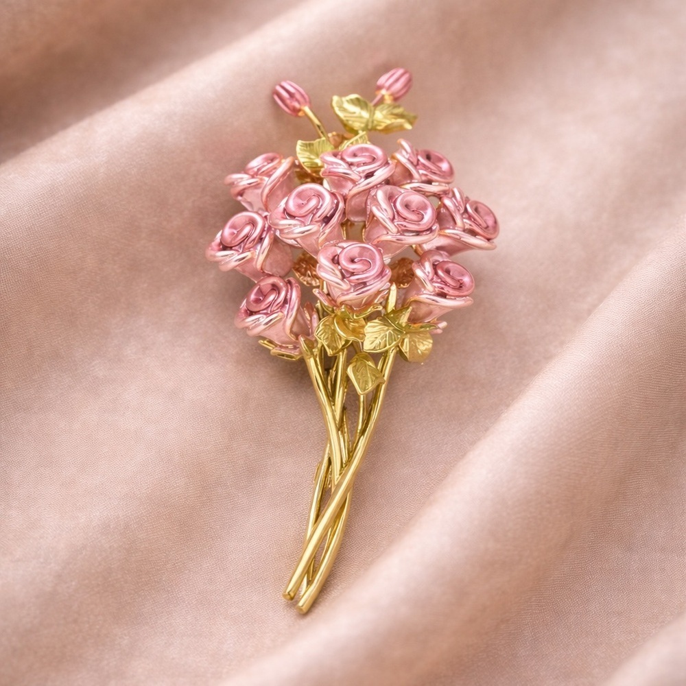 Pink Rose Bouquet Gold  Brooch - Picture 3 of 5